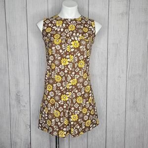 VTG 60s Handmade Brown|Yellow|White Flower Print Playsuit Romper, sz Small